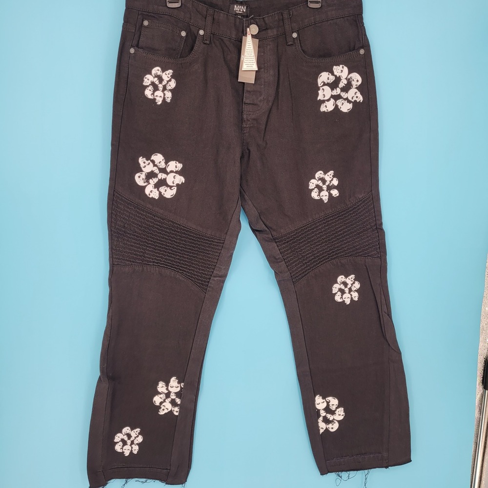 BoohooMAN Slim Rigid Skull Print Biker Jeans Mens 36 Goth Punk True Black NWT